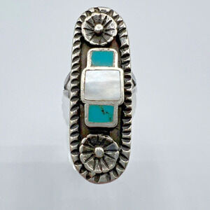 Estate Vintage Native American Sterling Silver Turquoise & MOP North South Ring